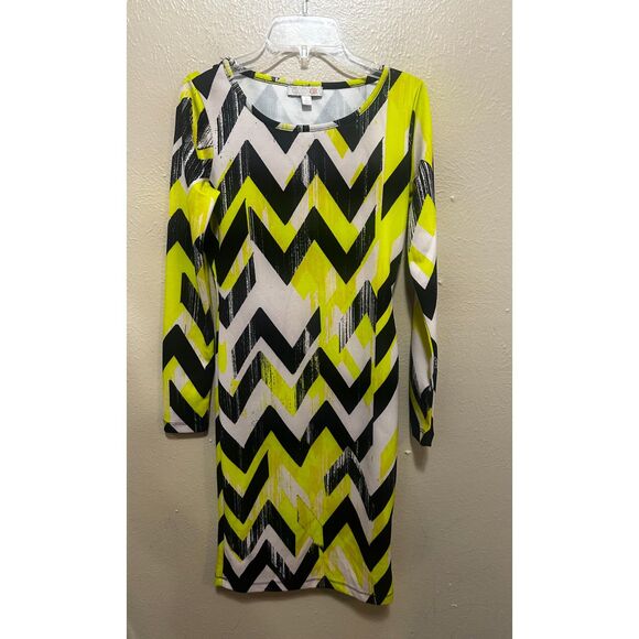 GB Geometric Chevron Print‎ Long Sleeve Dress - Yellow Black - Size S - Picture 1 of 4